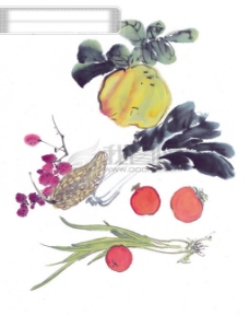 中华文化水墨画蔬菜中国风鱼篮子中华艺术绘画