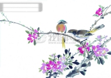 花鸟小鸟喜鹊油墨画花丛动物中华艺术绘画