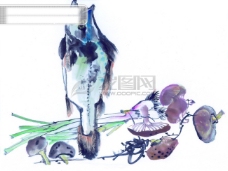 中华文化中国风水墨画鱼蔬菜篮子中华艺术绘画