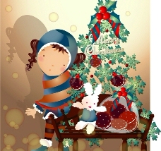 圣诞女孩可爱小女孩与圣诞树图片