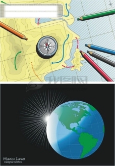 地图与地球cdr矢量素材cdr12格式矢量素材矢量地图指南针彩色铅笔地球反射线