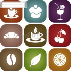方圆矢量饮食图标简单饮食图标圆角方形图标咖啡豆柠檬树叶咖啡苹果冷饮eps